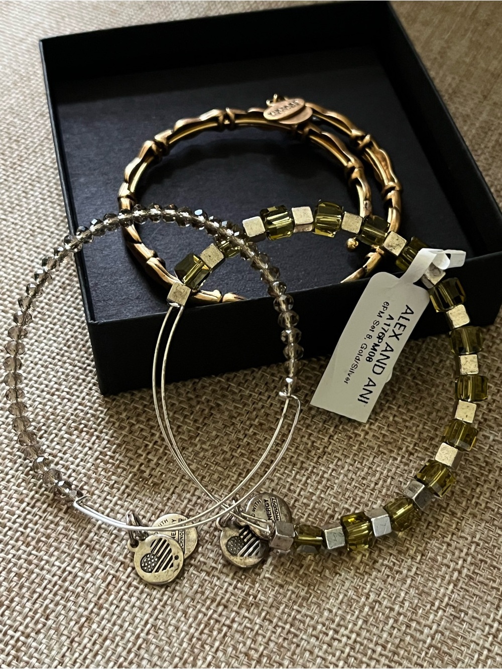 Alex and Ani Gold and Silver Mixed Metal Bracelet Trio with Olive-Green Beads